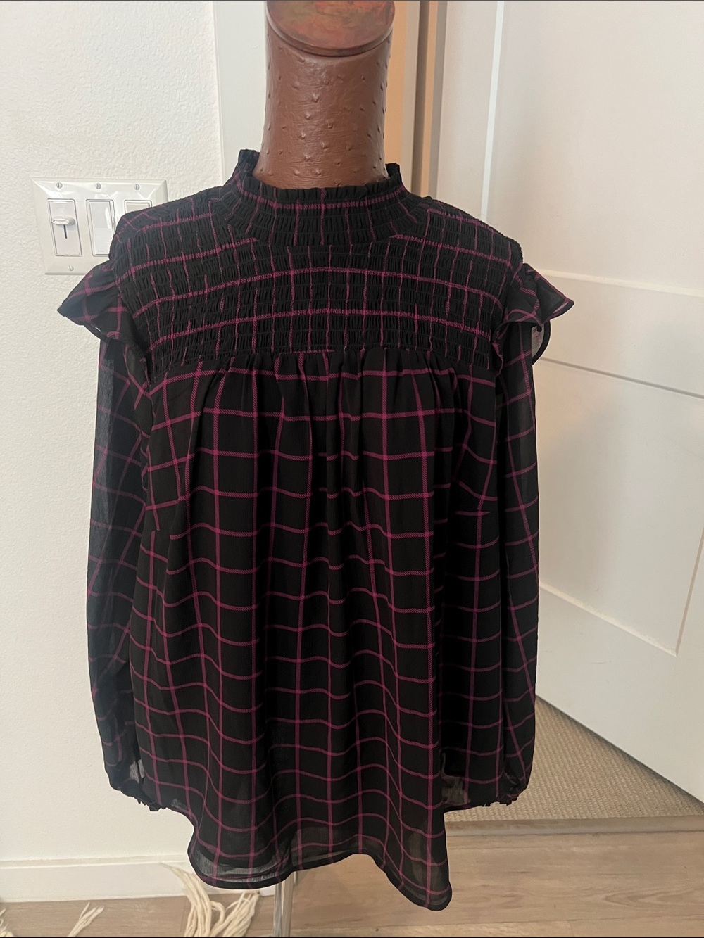 torrid Black Blouse with Magenta Windowpane Check